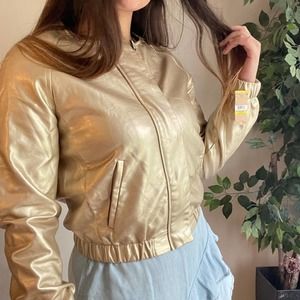NEW Rachel Roy gold faux leather zip up baseball jacket Retails $139 Size M